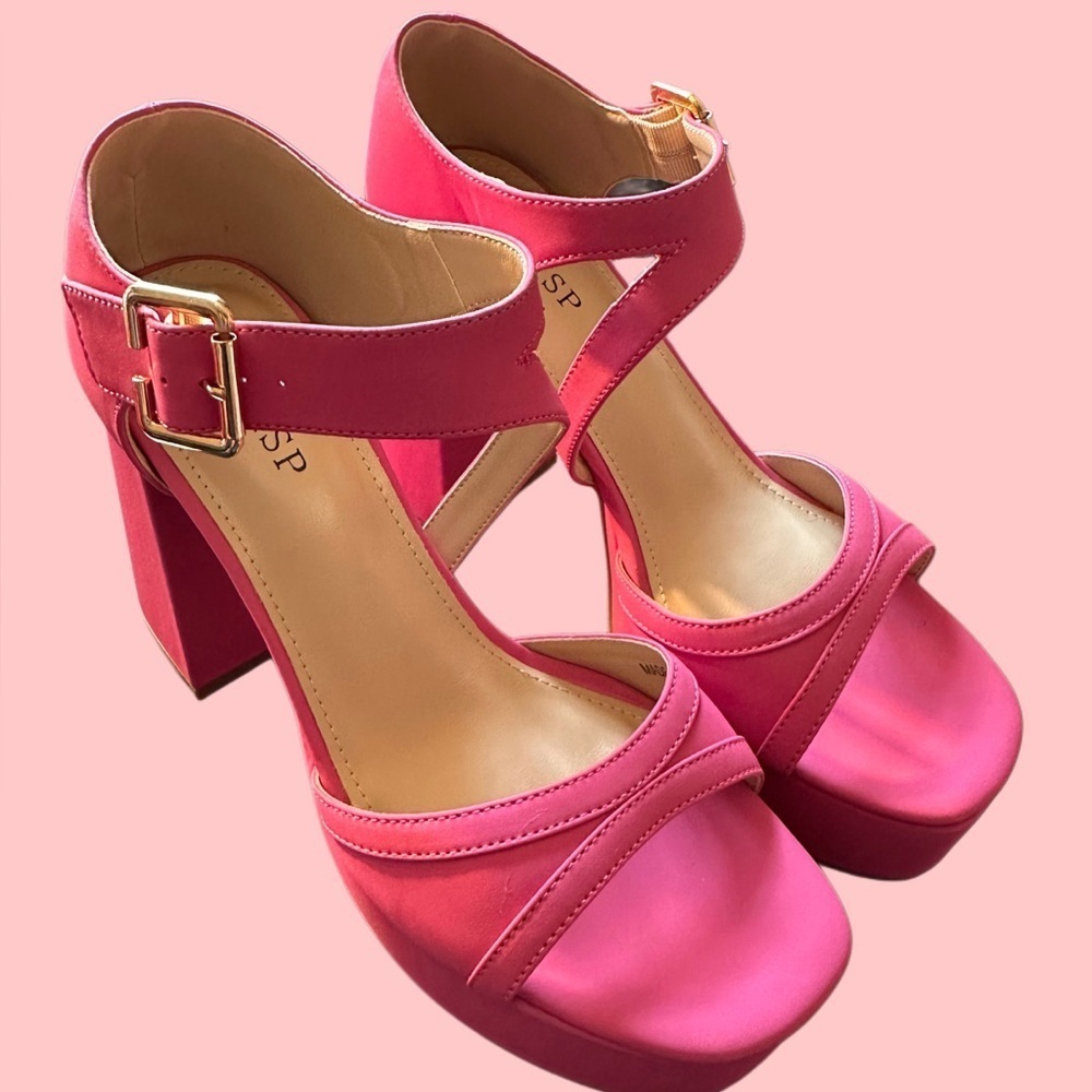 NEW Platform Chunky Heels for Women Trendy Square Toe  Sandals Pink Size 9.5